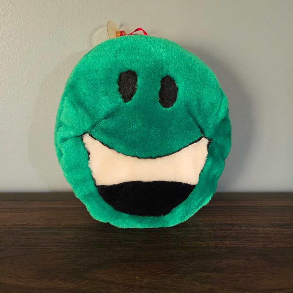 Vintage 1996 Sugar Loaf Green Smiley Face Plush 8in Suction Cup Toy Retro Decor